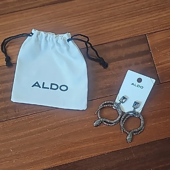 Aldo Gunmetal Crystal Snake Hoop Earrings Comes W Accessory Pouch - Picture 3 of 4